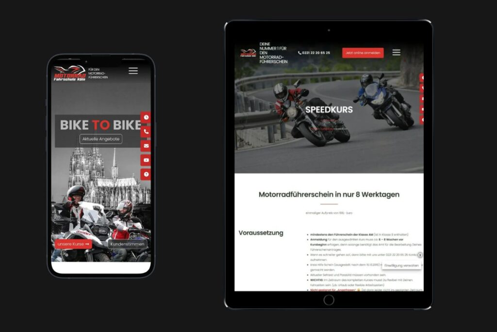 Mobil- und Tabletansicht des Website-Kunden Motorrad Fahrschule Köln