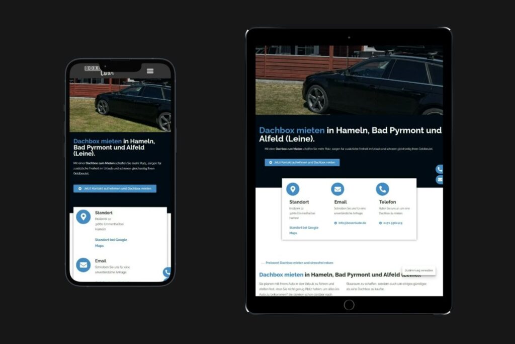 Smartphone- und Tablet-Ansicht des Webdesign-Kunden Boxenlude