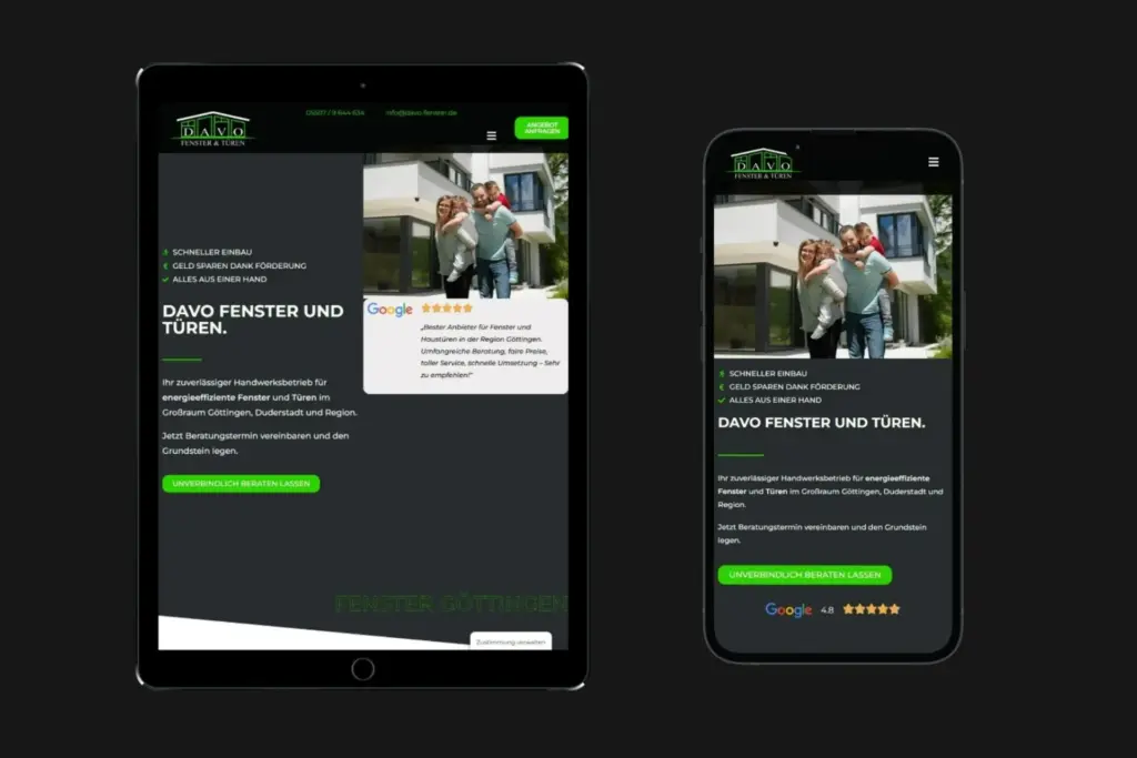 Tablet- und Smartphone-Ansicht des Handwerksbetriebs DAVO - Webdesign aus Göttingen