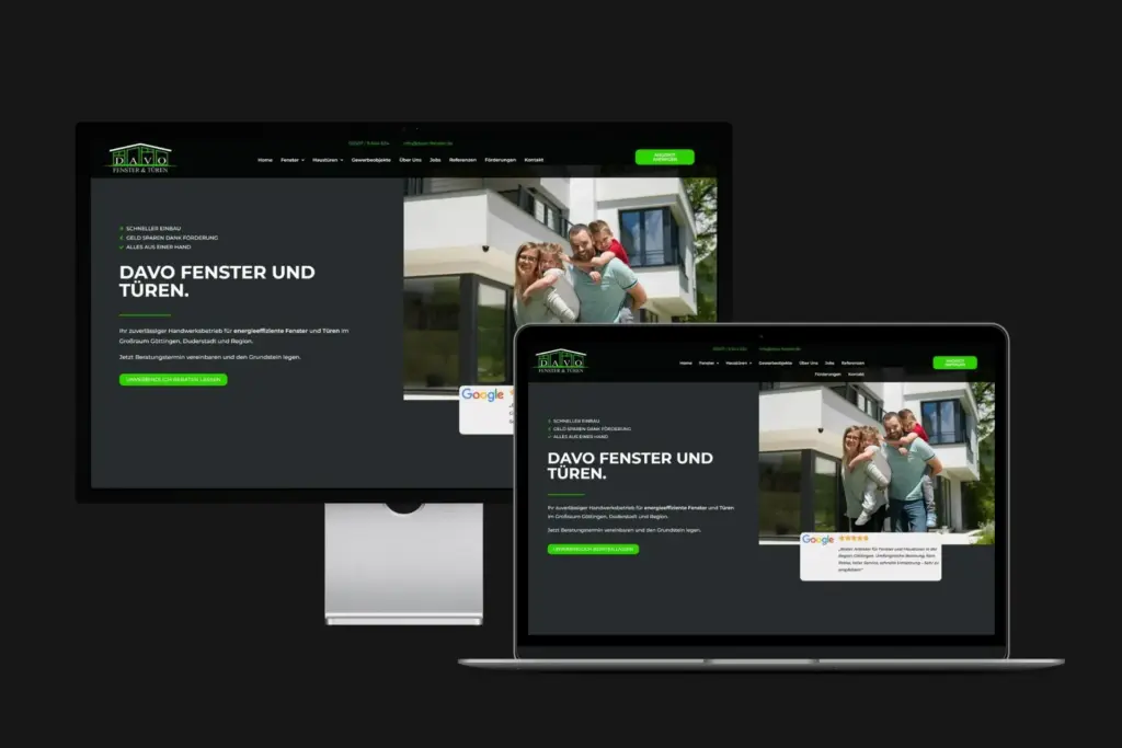 Desktop- und Laptop-Ansicht des Handwerksbetriebs DAVO Fenster und Türen - Webdesign aus Göttingen