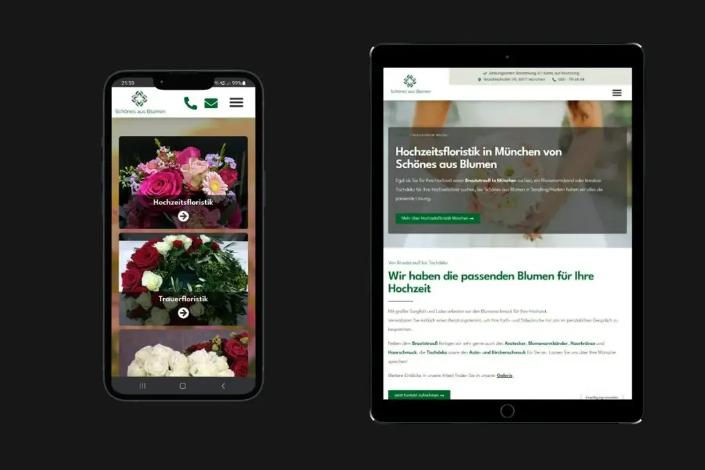Smartphone- und Tablet-Ansicht von Website-Projekt Schönes aus Blumen