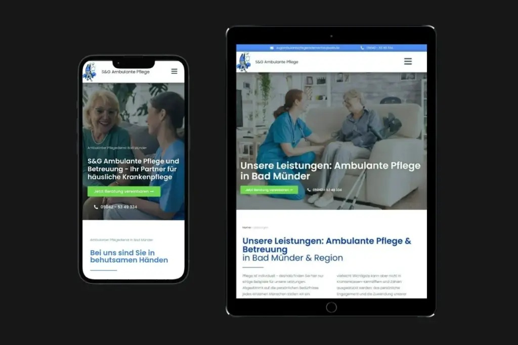 Smartphone- und Tabletansicht von Webdesign-Kunde S&G Pflegedienst Bad Münder